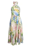 Oscar De La Renta Foxglove Belted Stretch Cotton Poplin Halter Dress In Multi