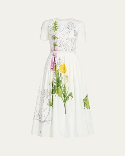 Oscar De La Renta Foxglove Dandelion Poplin Short-sleeve Midi Dress With Belt In Green