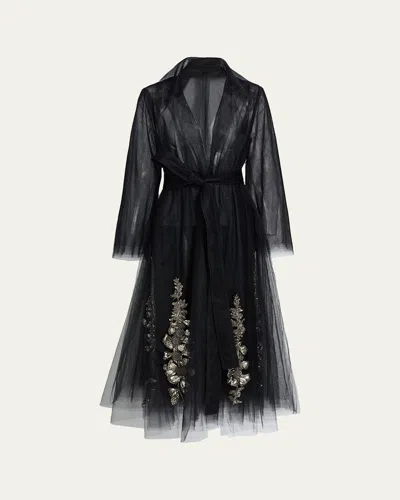 Oscar De La Renta Foxglove Embellished Tulle Belted Flare Coat In Black