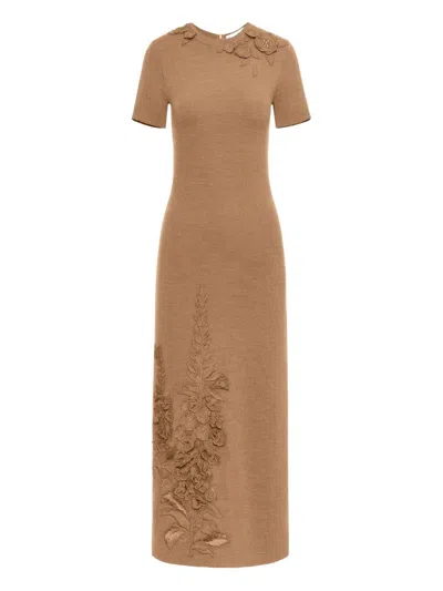 Oscar De La Renta Foxglove Embroidered Short-sleeve Knit Maxi Dress In Brown