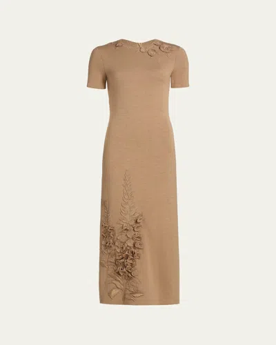 Oscar De La Renta Foxglove Embroidered Short-sleeve Knit Maxi Dress In Brown