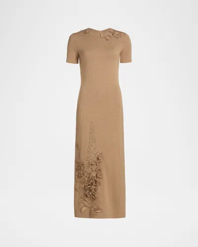 Oscar De La Renta Foxglove Embroidered Short-sleeve Knit Maxi Dress In Brown