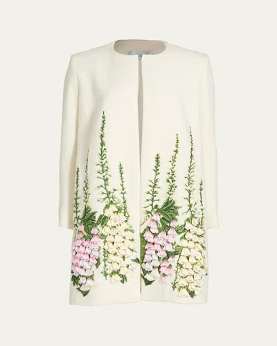 OSCAR DE LA RENTA FOXGLOVE EMBROIDERED TWEED COLLARLESS JACKET