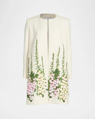 OSCAR DE LA RENTA FOXGLOVE EMBROIDERED TWEED COLLARLESS JACKET