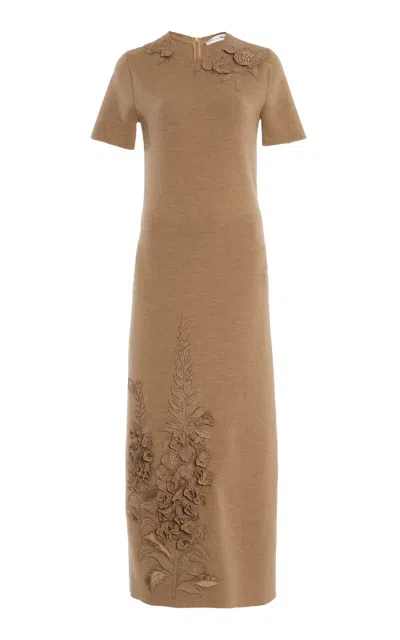 Oscar De La Renta Foxglove-embroidered Wool Midi Dress In Brown