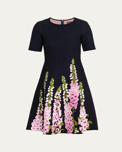 Oscar De La Renta Foxglove Jacquard Knit Short-sleeve Mini Dress In Blue