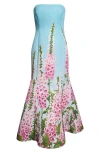Oscar De La Renta Foxglove Print Strapless Trumpet Gown In Multi