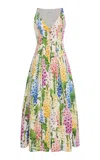 Oscar De La Renta Foxglove-printed Pleated Cotton-poplin Midi Dress In Multi