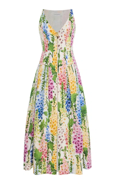 Oscar De La Renta Foxglove-printed Pleated Cotton-poplin Midi Dress In Multi