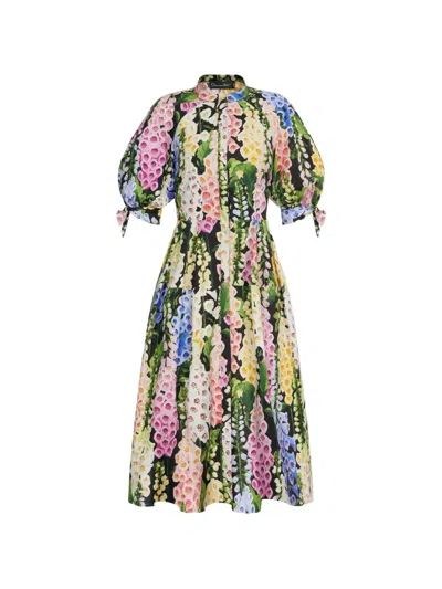 Oscar De La Renta Foxglove Puff Sleeve Floral Print Midi Dress In Black