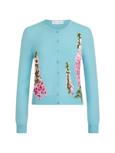 Oscar De La Renta Foxglove Embroidered Virgin Wool Cardigan In Blue