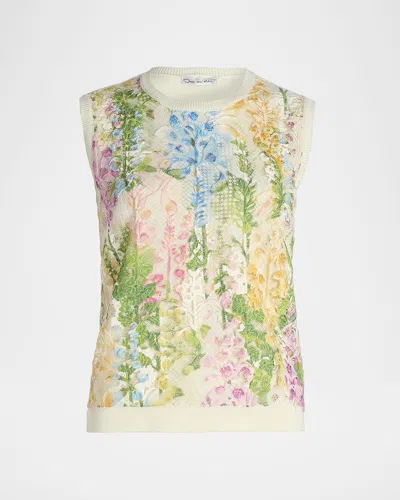 Oscar De La Renta Foxgloves Print Lace-insert Tank Top In White