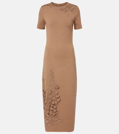 Oscar De La Renta Foxglove-embroidered Wool Midi Dress In Brown