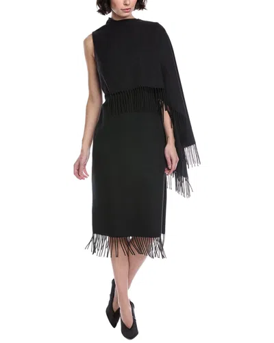 Oscar De La Renta Fringed Cape Wool Midi Dress In Gray