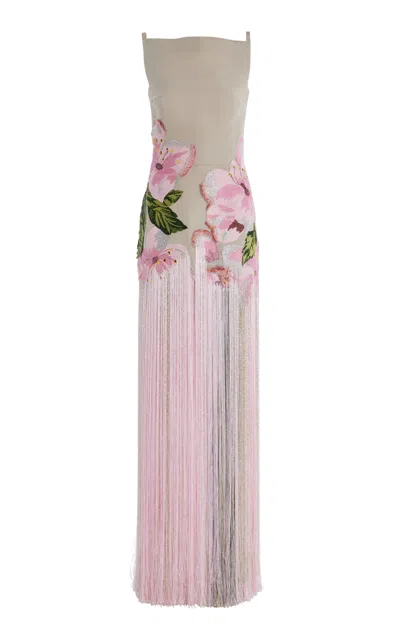 Oscar De La Renta Fringed Embroidered Faille Gown In Grey