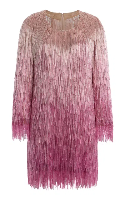 Oscar De La Renta Fringed Ombré Tulle Cocktail Dress In Pink