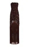 Oscar De La Renta Fringed Strapless Silk Gown In Brown