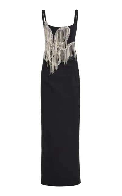 Oscar De La Renta Fringe-embroidered Wool-blend Gown In Black