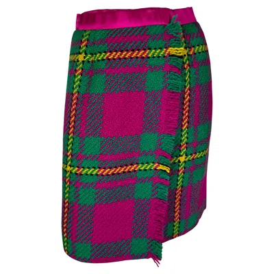 Pre-owned Oscar De La Renta F/w 1991  Runway Pink Green Tartan Fringe Wrap Pencil Skirt Us8