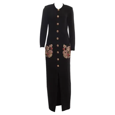 Pre-owned Oscar De La Renta Fw 1992 Embellished Black Knit Wool Long Cardigan Coat Size M