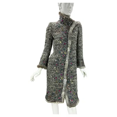 Pre-owned Oscar De La Renta F/w 2004 Runway Embellished Fur-trim Cardigan Coat Us 2 In Gray