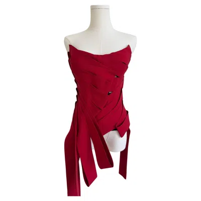 Pre-owned Oscar De La Renta F/w 2024 Red Silk Strapless Tunic Women's Top