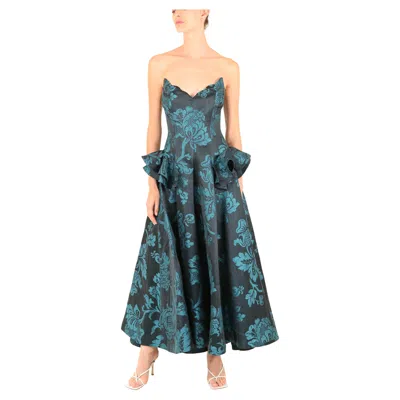 Pre-owned Oscar De La Renta F/w06 Strapless Floral Blue Teal Fit And Flare Dress Gown Xs In Green