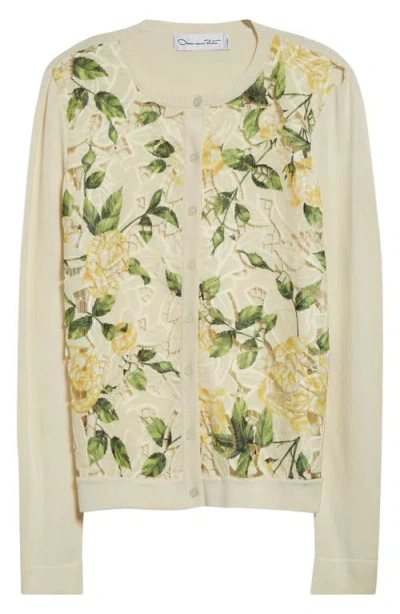 Oscar De La Renta Garden Rose Print Mixed Media Cardigan In Soft Yellow