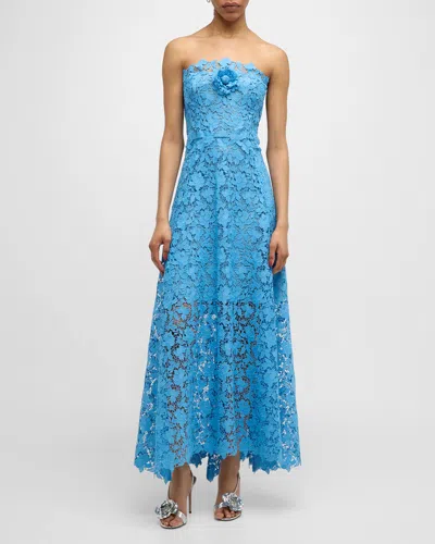 Oscar De La Renta Gardenia Guipure Flower-applique Halter Maxi Dress In Blue