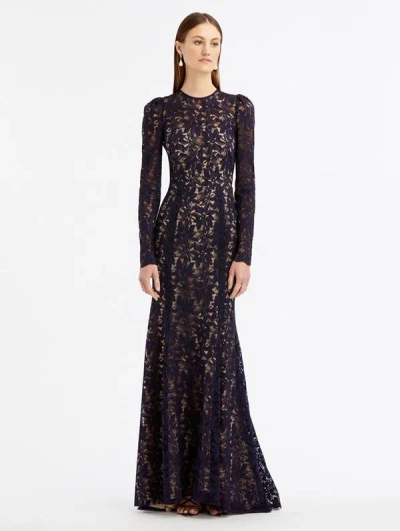 Oscar De La Renta Gardenia Lace Open Back Gown In Navy