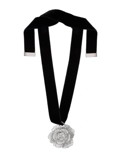 Oscar De La Renta Flower-pendant Velvet Choker Necklace In Silver