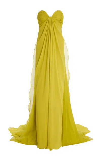 Oscar De La Renta Gathered Silk Chiffon Gown In Yellow