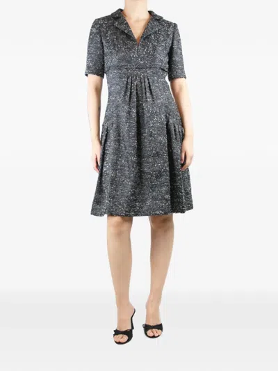 Pre-owned Oscar De La Renta Gathered Tweed Midi Dress In Gray