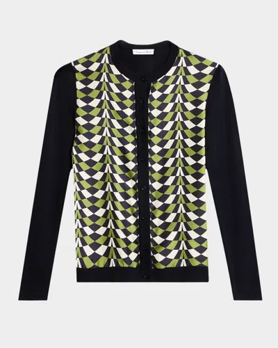Oscar De La Renta Geo-print Silk Insert Crewneck Cardigan