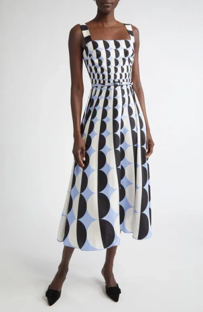 Oscar De La Renta Geo Print Silk Twill Belted Midi Dress