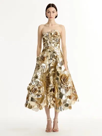 Oscar De La Renta Geometric Sequin Rosette Cocktail Dress In Brown