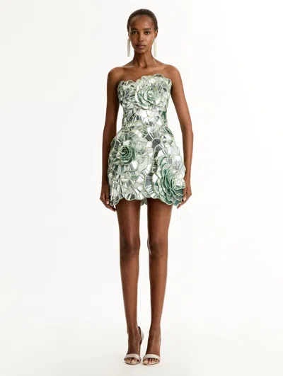 Oscar De La Renta Sequined Geometric Floral Cocktail Mini Dress In Green