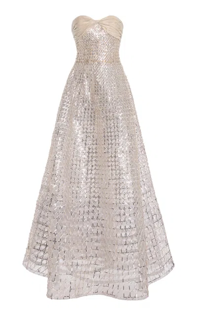 Oscar De La Renta Geometric Sequined Gown In Silver