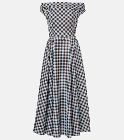 Oscar De La Renta Gingham Print Cotton Stretch Poplin Off The Shoulder Dress In Multi