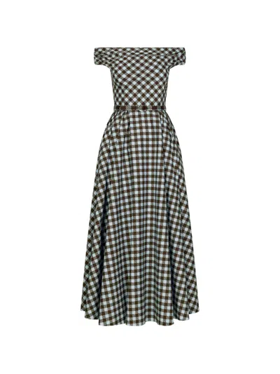 Oscar De La Renta Gingham-pattern Off-shoulder Dress In Gray