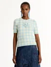 Oscar De La Renta Gingham Pullover With Floral Appliqu In Blue