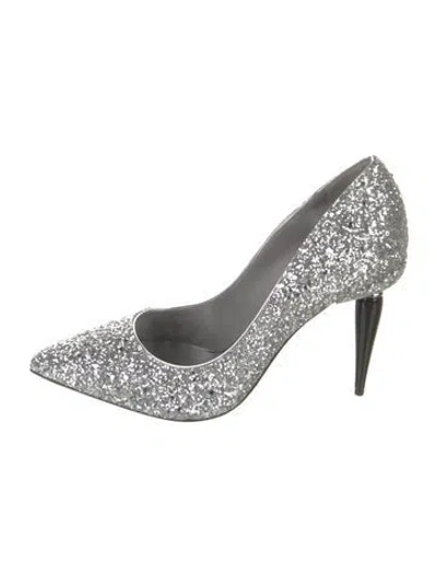 Pre-owned Oscar De La Renta Glitter Glitter Accents Pumps In Silver