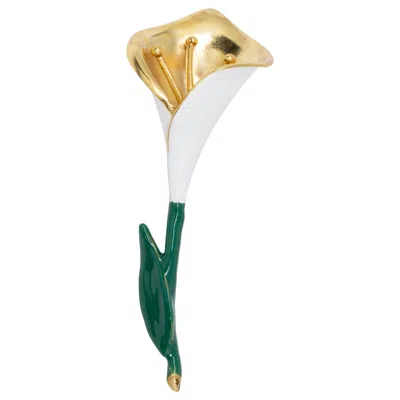 Pre-owned Oscar De La Renta Gold Calla Lily In Green And White Enamel, Pin Brooch