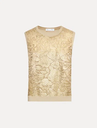 Oscar De La Renta Gold Foil English Rose Inset Tank