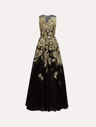 Oscar De La Renta Gold Foil Rose Appliqu Gown