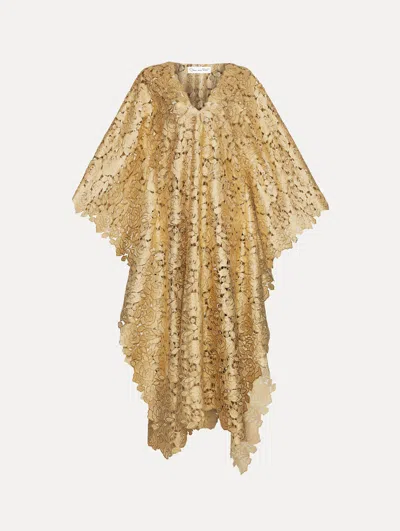 Oscar De La Renta Gold Foil Rose Guipure Caftan In Brown