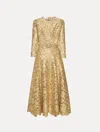 Oscar De La Renta Three Quarter Foiled Rose Guipure Dress In Gold In Brown