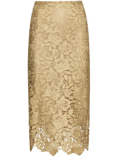 OSCAR DE LA RENTA GOLD FOIL ROSE GUIPURE MIDI SKIRT