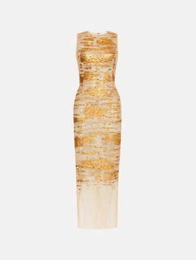 Oscar De La Renta Gold Foil Sequin Embroidered Dress