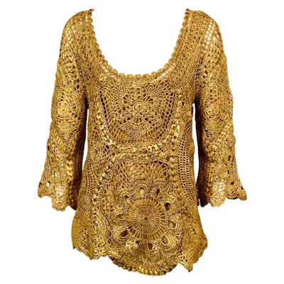 Pre-owned Oscar De La Renta Gold Hand Crocheted Silk Tunic And Camisole Original Tags In Brown